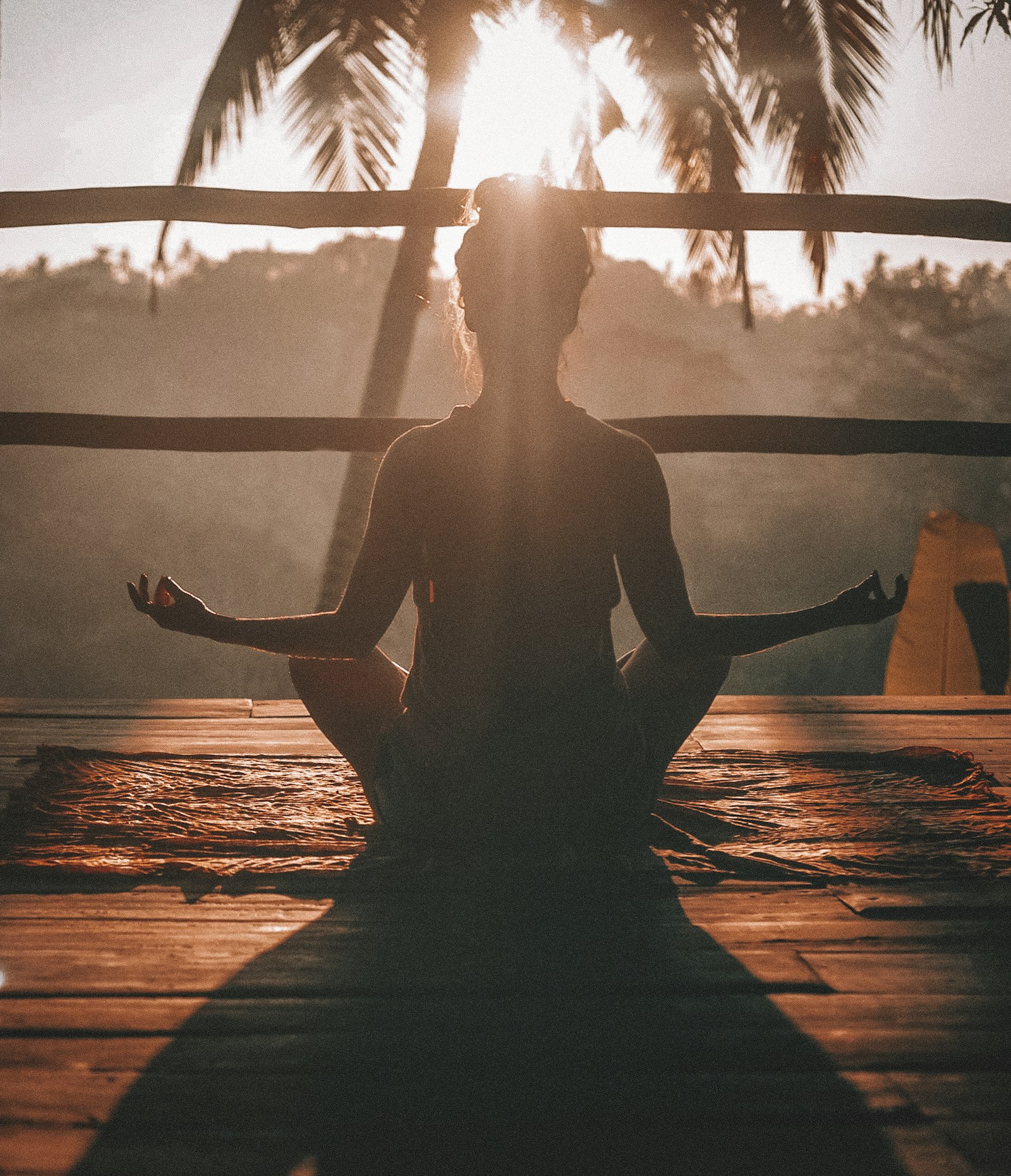 Silhouette of a woman meditating at sunset among palm trees